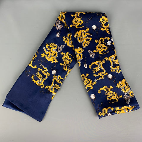 VINTAGE Foulards en soie chinoiserie jaune marine
