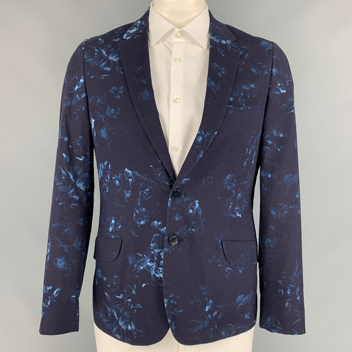 PAUL SMITH Size 42 Navy & Blue Abstract Floral Cotton Sport Coat