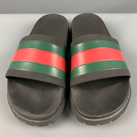 GUCCI Size 10.5 Black Green Red Stripe Rubber Sandals
