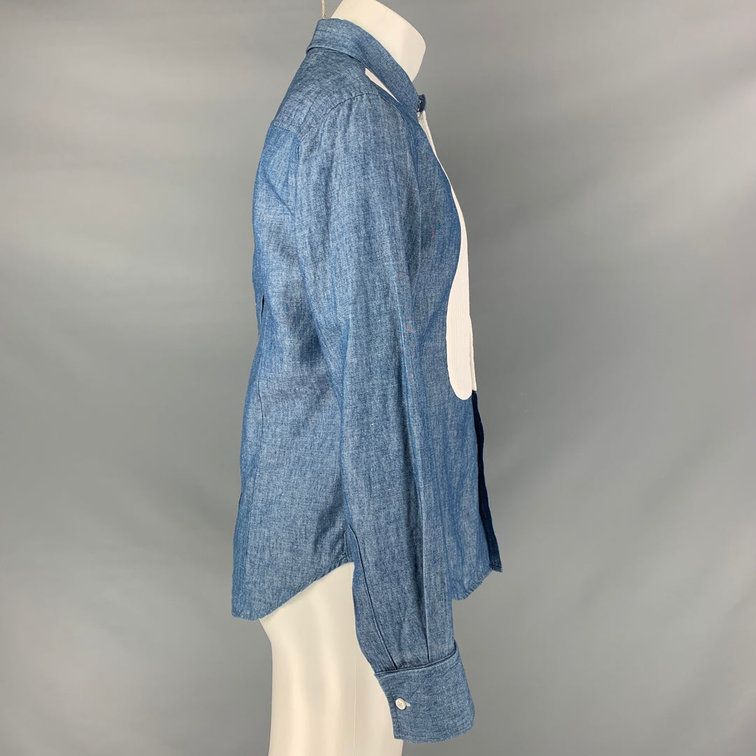BAND OF OUTSIDERS Size M Blue and  White Color Block Cotton &  Linen Long Sleeve Shirt