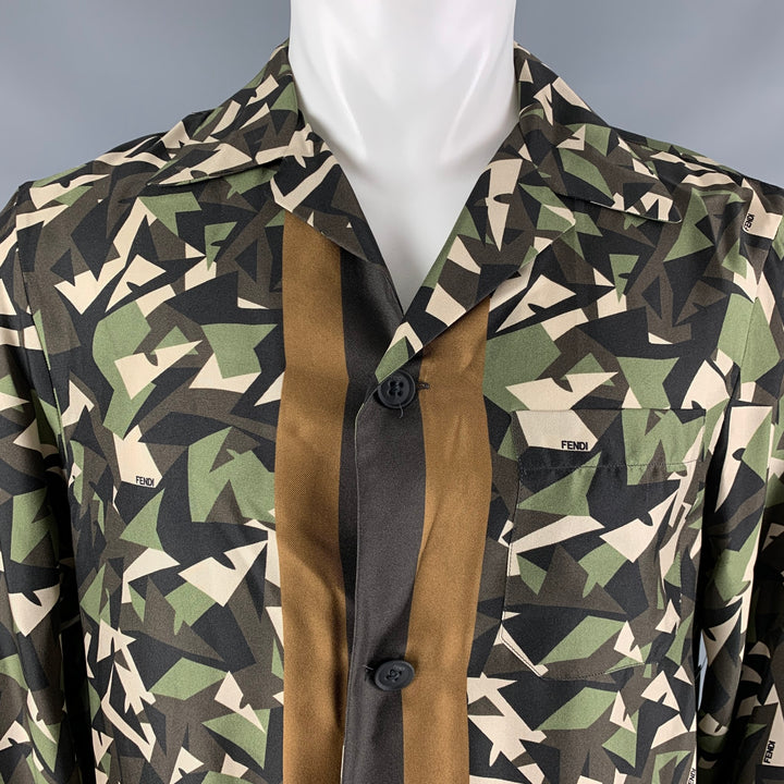 FENDI Size M Green Brown Abstract Silk Button Up Long Sleeve Shirt