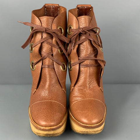 YVES SAINT LAURENT Size 7 Cognac Beige Leather Wedge Boots