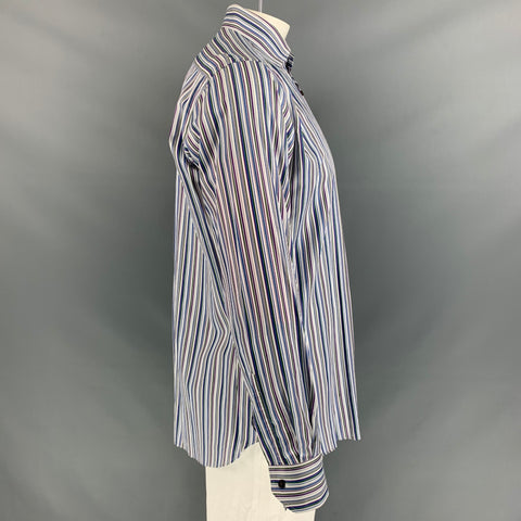 ETRO Size L White Blue Stripe Cotton Button Up Long Sleeve Shirt