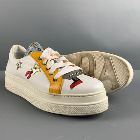 PRADA Size 10 White Multi-Color Leather Aplique Low Top Sneakers
