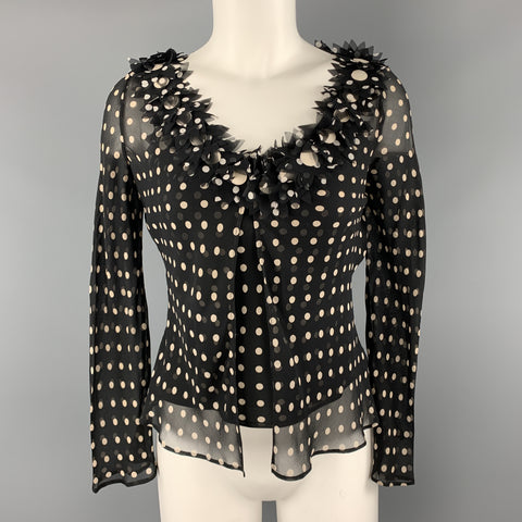 MOSCHINO Size 8 Black & Cream Polk Dot Silk Floral Cardigan Blouse