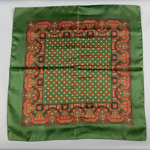 VINTAGE Pochette de costume en soie imprimé vert orange