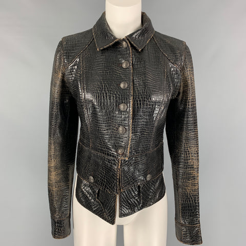 CHANEL 2003 Talla 8 Chaqueta motera negra desgastada en relieve