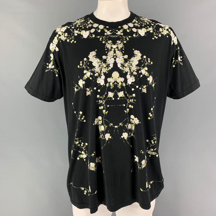 GIVENCHY SS 15 Size L Black White Floral Cotton Crew-Neck T-shirt