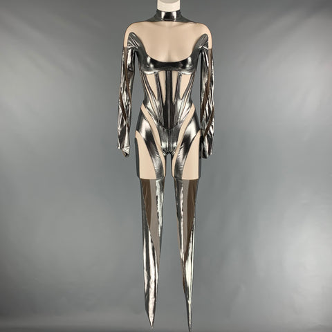 MUGLER Size 2 Silver Nude Mixed Fabrics Polyamide Mesh Jumpsuits