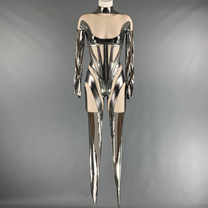 MUGLER Size 2 Silver Nude Mixed Fabrics Polyamide Mesh Jumpsuits