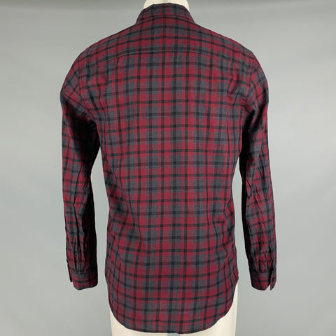 THEORY Size M Burgundy Charcoal Plaid Cotton Button Up Long Sleeve Shirt