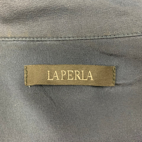 LA PERLA Size XXL Navy Silk Button Up Long Sleeve Shirt