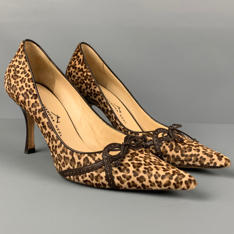 ALEXANDRA NEEL Talla 7 Zapatos de salón con lazo y estampado animal de pelo de becerro color beige y marrón