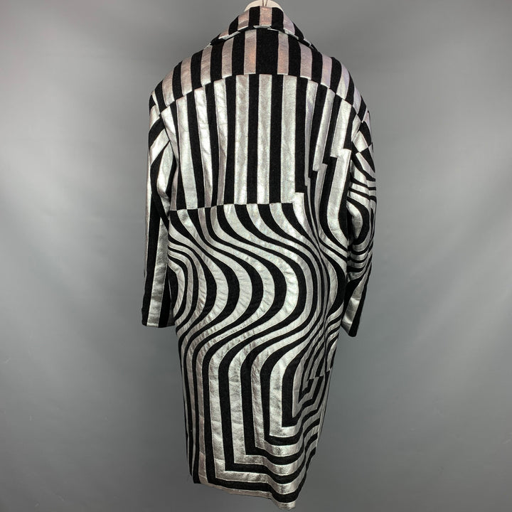 DRIES VAN NOTEN FW 14 Size S Black & Silver Stripe Wool Blend Oversized Double Breasted Coat