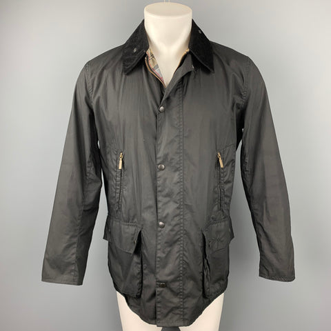 BARBOUR Size M Black Waxed Cotton Zip & Snap Button Jacket