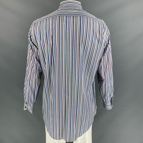 ETRO Size L White Blue Stripe Cotton Button Up Long Sleeve Shirt