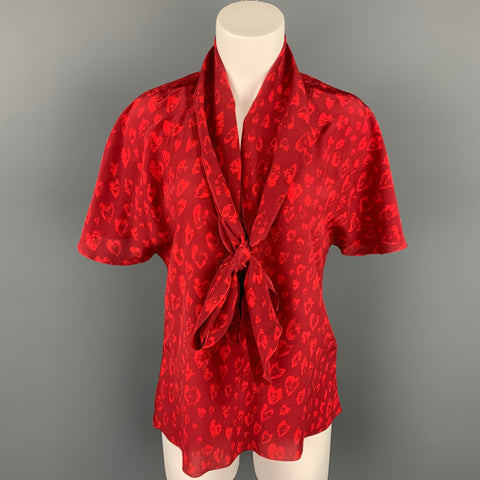 TOMAS MAIER Talla 4 Blusa con lazo de seda con estampado burdeos y rojo