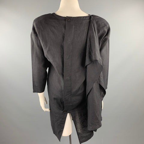 SHAMASK Size L Black Linen Long Panel V-Neck Dress