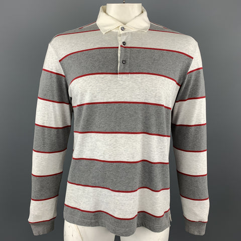 LORO PIANA Size XL Grey & Red Striped Cotton Buttoned Long Sleeve Polo