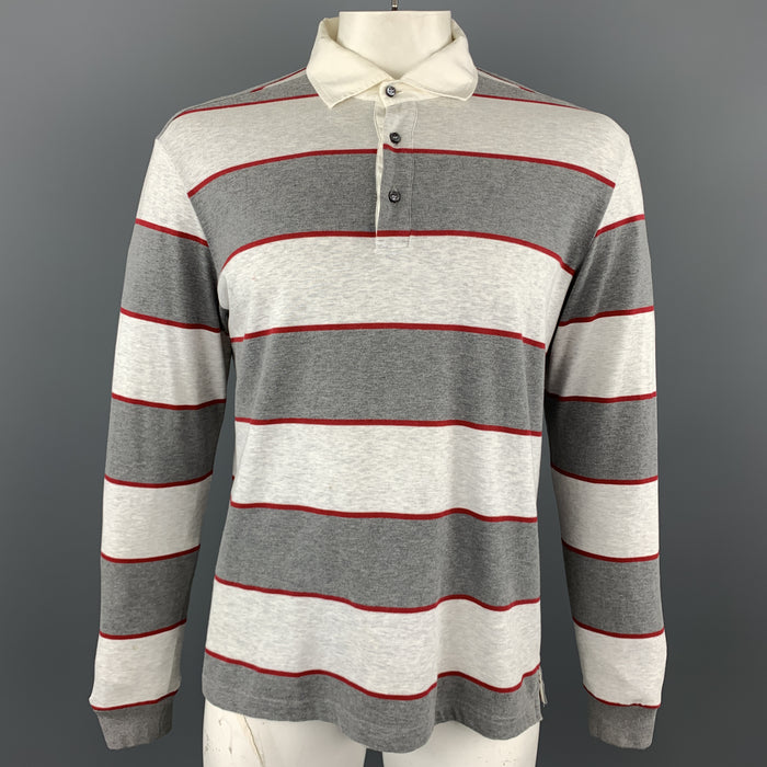LORO PIANA Size XL Grey & Red Striped Cotton Buttoned Long Sleeve Polo