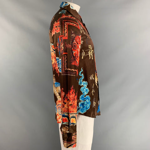 JUST CAVALLI Size L Brown Multicolour Print Silk Button Up Long Sleeve Shirt