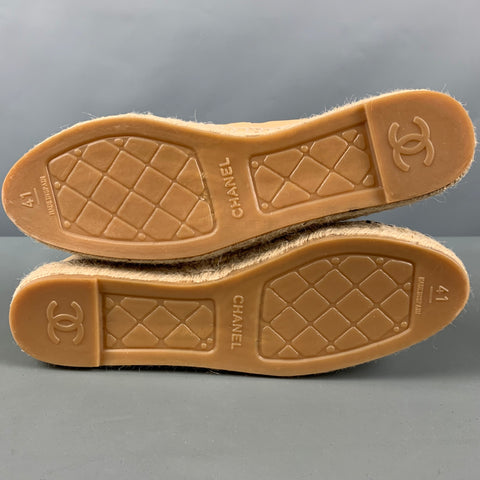 CHANEL Size 11 Beige Black Leather Lamb Skin Espadrille Flats