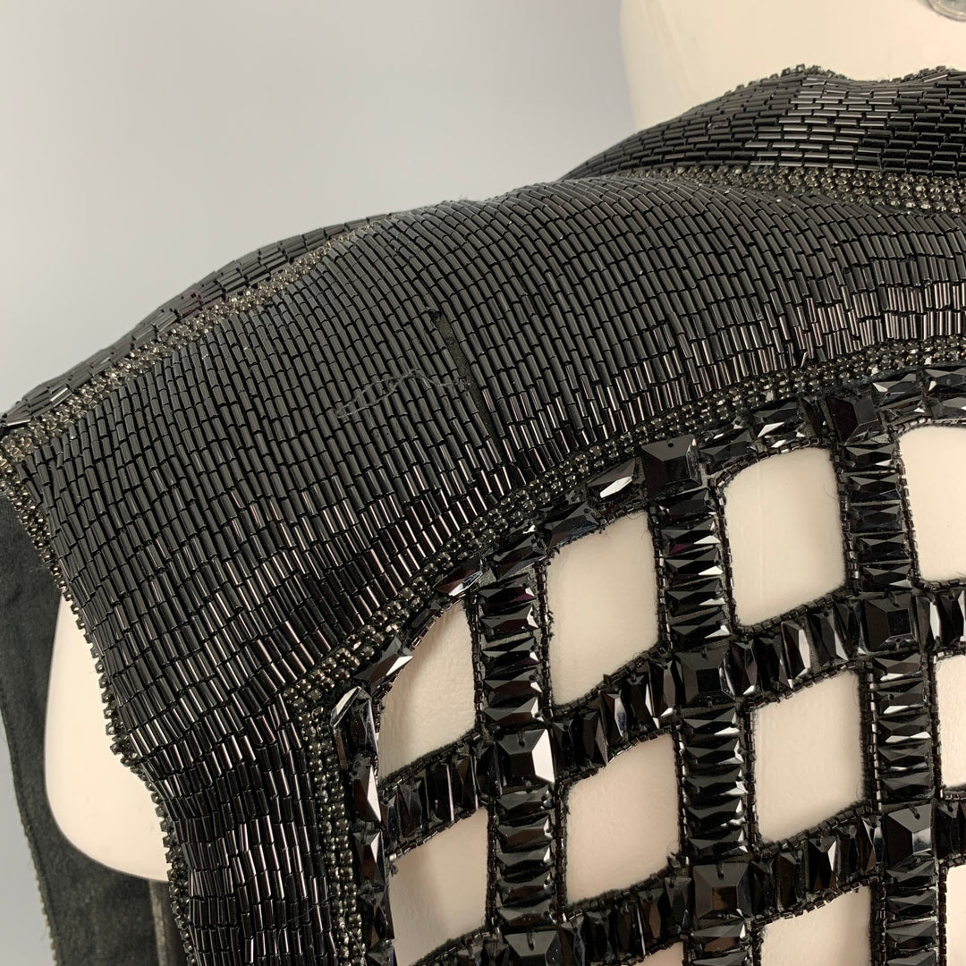 BALMAIN Size S Black Silk Beaded Zip Up Vest