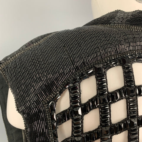 BALMAIN Size S Black Silk Beaded Zip Up Vest