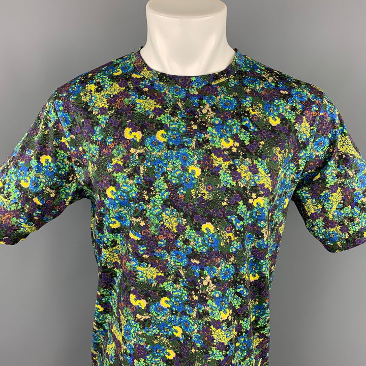 DRIES VAN NOTEN S/S 20 Taille M T-shirt à col rond en coton floral vert et bleu