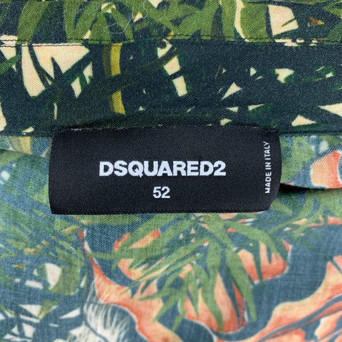 DSQUARED2 Size L Olive & Orange Tiger Print Viscose Zip Up Long Sleeve Shirt
