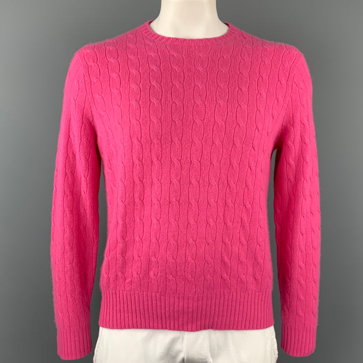 POLO by RALPH LAUREN Suéter con cuello redondo y cachemira de punto trenzado rosa talla L