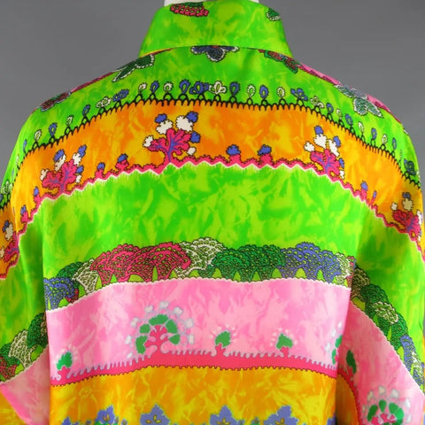 GIANNI VERSACE Size L Multi-Color Watercolor Abstract Plant Print Silk Blouse GIANNI VERSACE