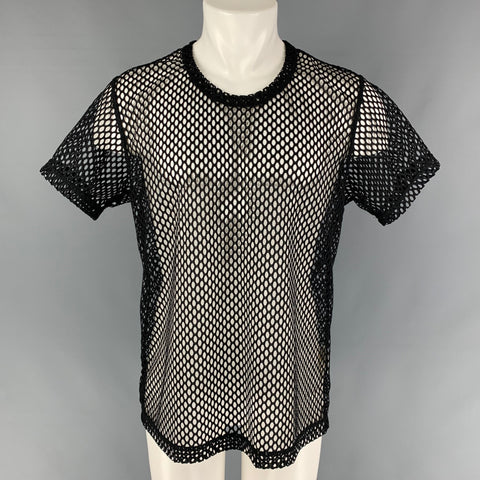 COMME des GARCONS HOMME PLUS Talla L Camiseta negra de poliéster con cuello redondo y malla