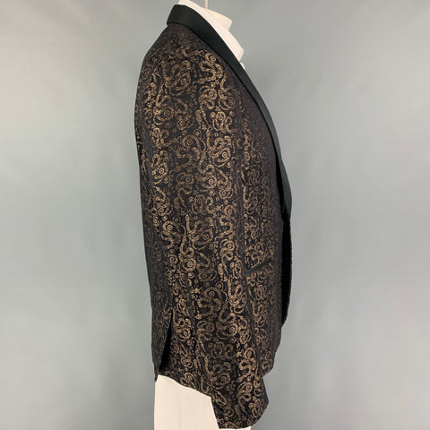 ROBERTO CAVALLI Size 46 Black Gold Jacquard Shawl Collar Sport Coat