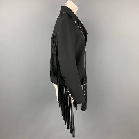 MSGM Size 6 Black Crepe Polyester Fringe Motorcycle Jacket