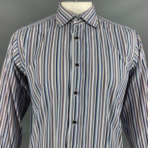 ETRO Size L White Blue Stripe Cotton Button Up Long Sleeve Shirt
