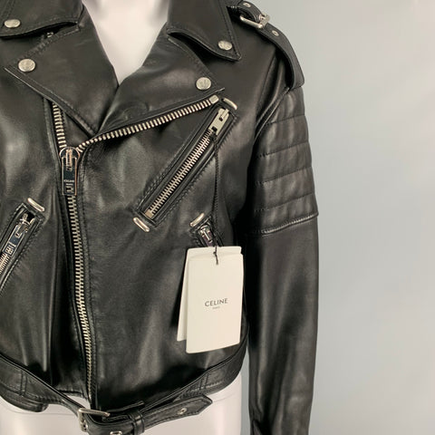 CELINE Size 6 Black Leather Motorcycle Cropped Jacket