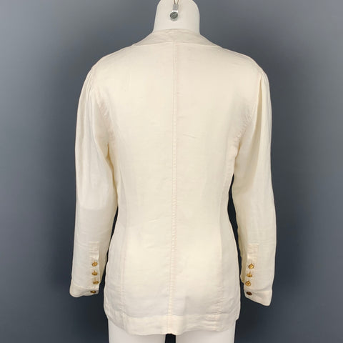 Vintage CHANEL Size 4 Cream Linen V-Neck Patch Pocket Jacket