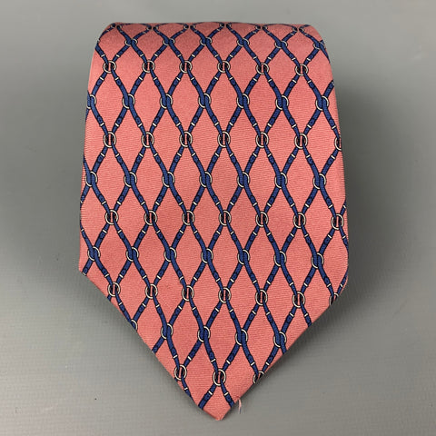 YVES SAINT LAURENT Pink Navy Equestrian Silk Tie