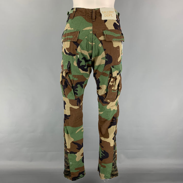 GALLERY DEPT. Size 26 Green Brown Cotton Nylon Paint Splattered Camo Flared Cargo Pants