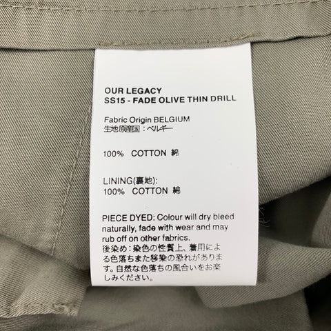 OUR LEGACY SS 15 Size 34 Olive Cotton Chino Casual Pants