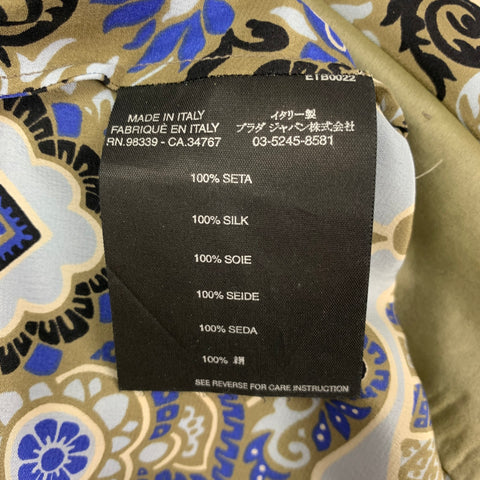 PRADA Size 4 Light Blue Olive Silk Abstract Short Sleeve Blouse
