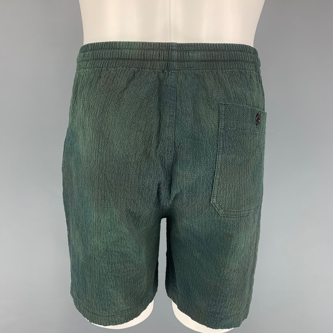 TODD SNYDER Size L Dark Green Seersucker Dyed Cotton Drawstring Shorts