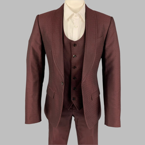 DOLCE & GABBANA Size 36 Burgundy Jacquard Wool Silk Shawl Collar 3 Piece Suit