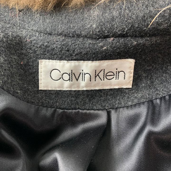 CALVIN KLEIN Size 10 Charcoal Wool Blend Fur Trim Double Breasted Coat
