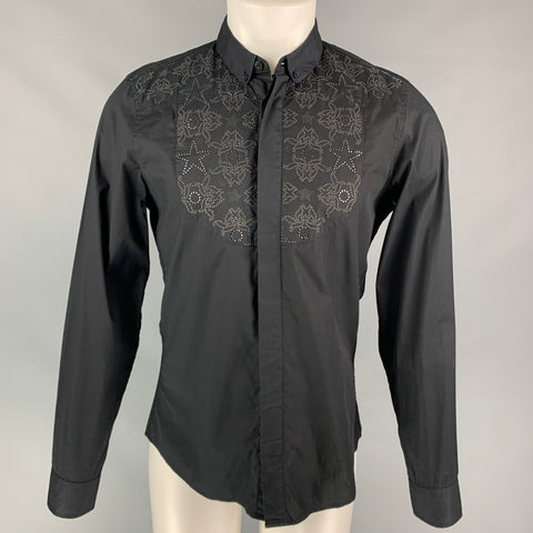 VERSACE JEANS Size S Black Beaded Cotton Hidden Placket Long Sleeve Shirt