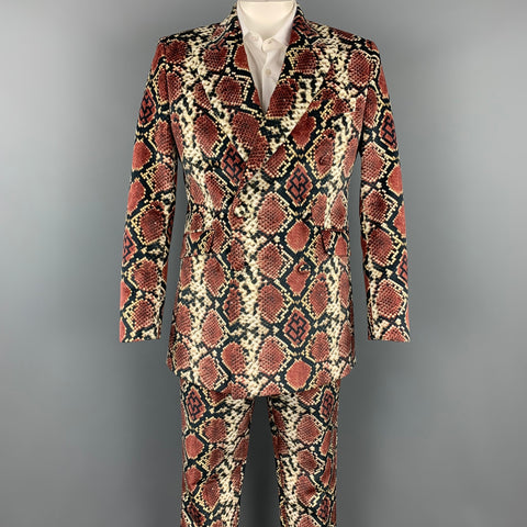 SSS WORLD CORP. S/S 19 Size 44 Burgundy & Black Snake Print Polyester Peak Lapel Suit