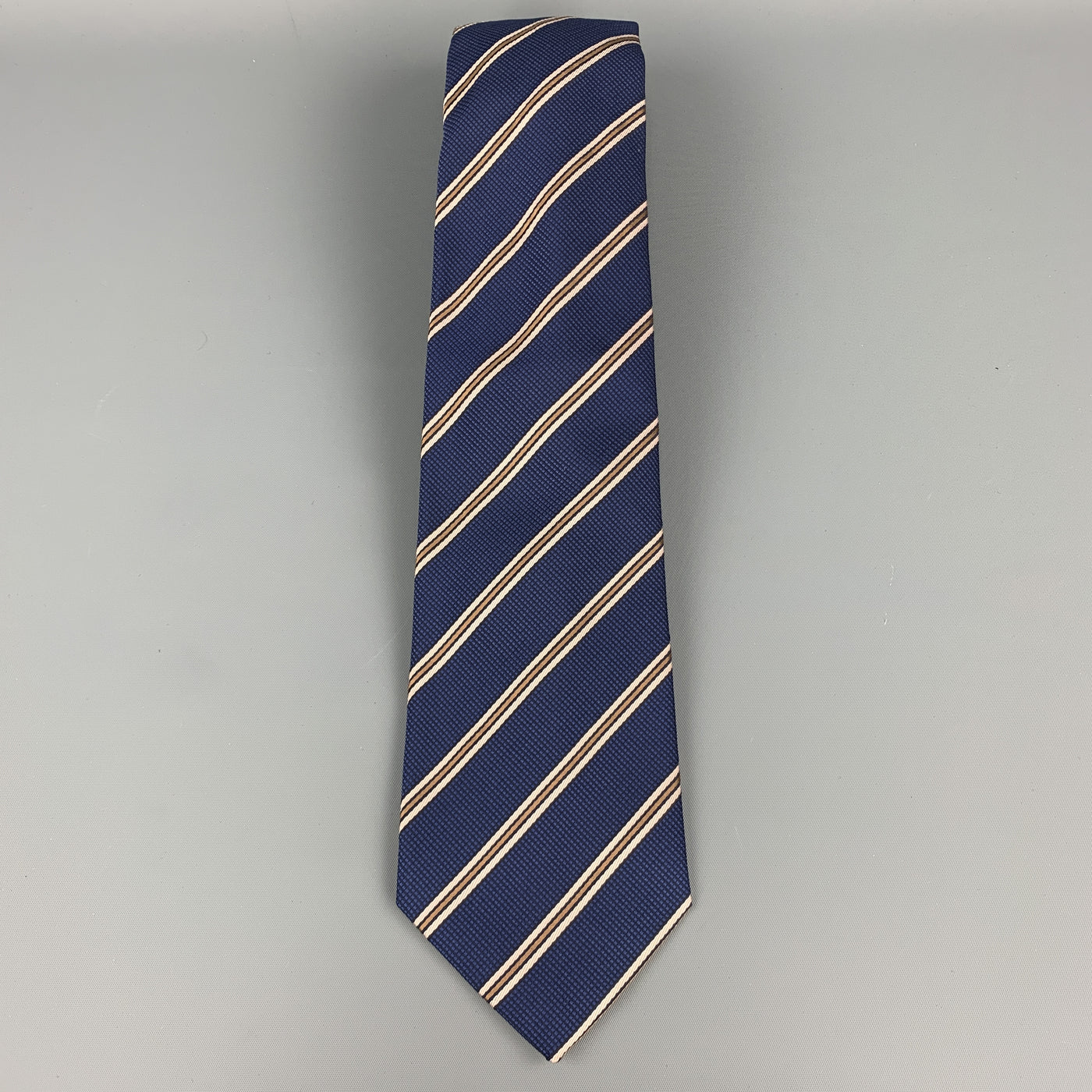LUIGI BORRELLI Navy & Beige Striped Silk Tie