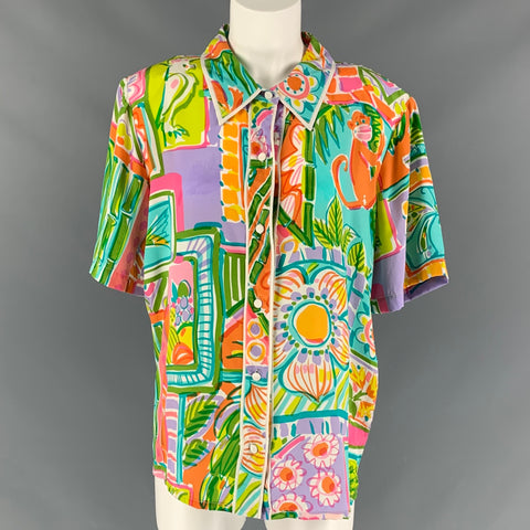 BOB MACKIE Blusa con botones abstractos de seda multicolor talla XL