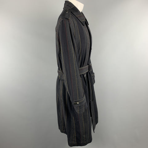 Y's by YOHJI YAMAMOTO Size M Charcoal & Navy Striped Wool Trench Coat